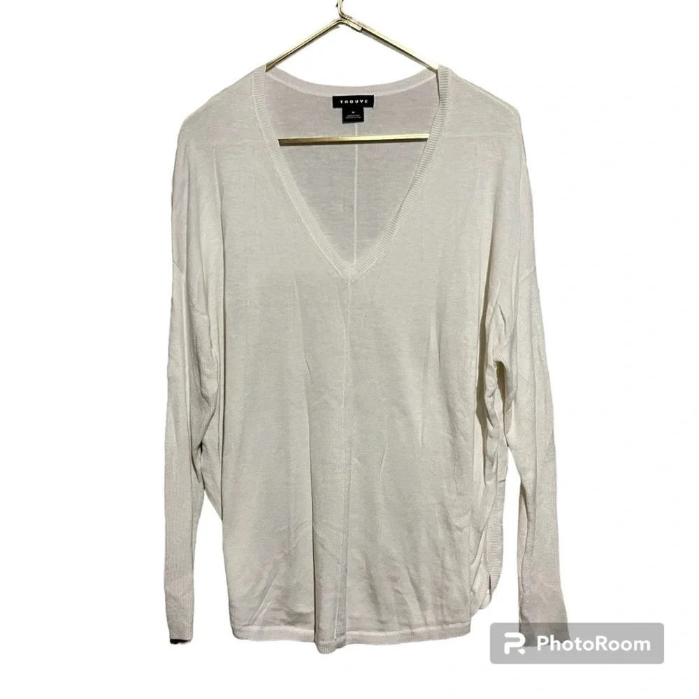 Trouve Women’s Tunic Long Sleeve V-Neck Blouse Sweater Cream Off White Sz Medium